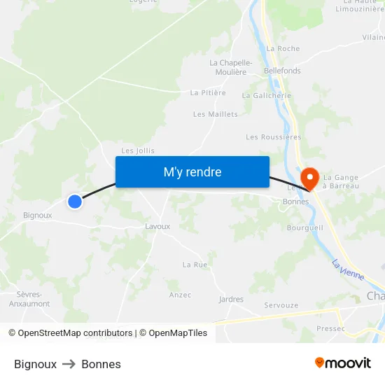 Bignoux to Bonnes map