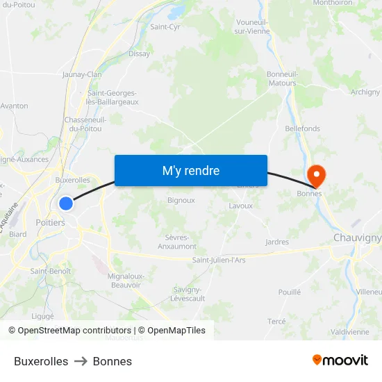 Buxerolles to Bonnes map