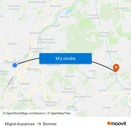 Migné-Auxances to Bonnes map
