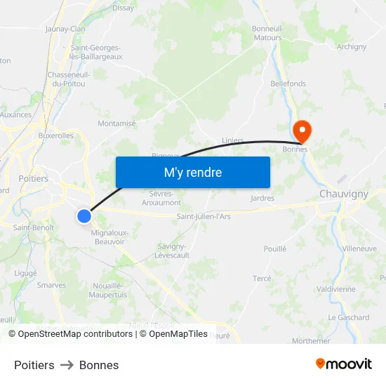 Poitiers to Bonnes map