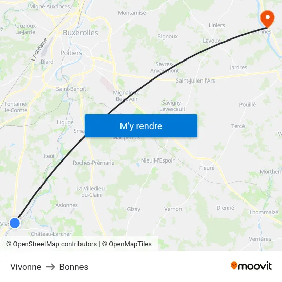 Vivonne to Bonnes map
