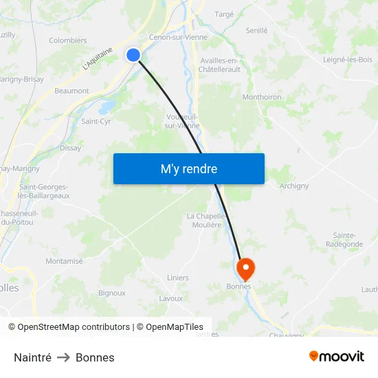 Naintré to Bonnes map