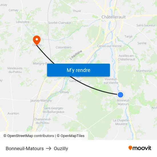 Bonneuil-Matours to Ouzilly map