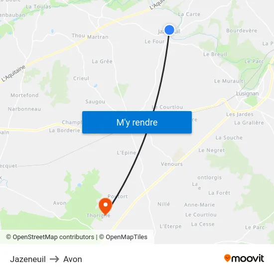 Jazeneuil to Avon map