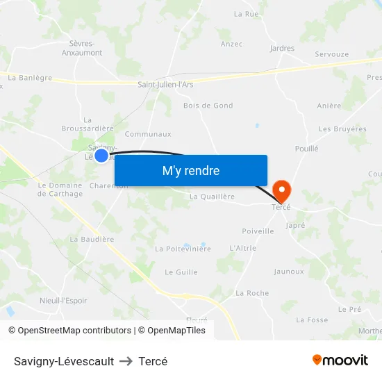 Savigny-Lévescault to Tercé map
