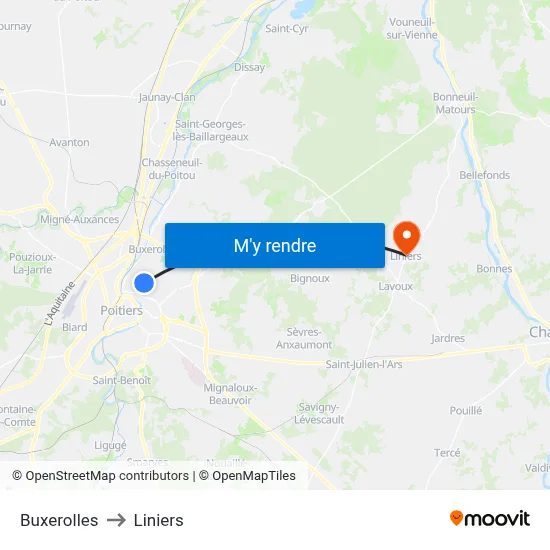 Buxerolles to Liniers map