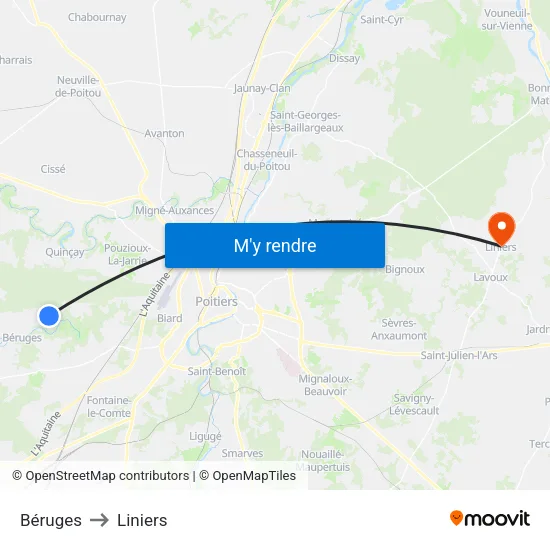 Béruges to Liniers map