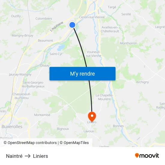 Naintré to Liniers map
