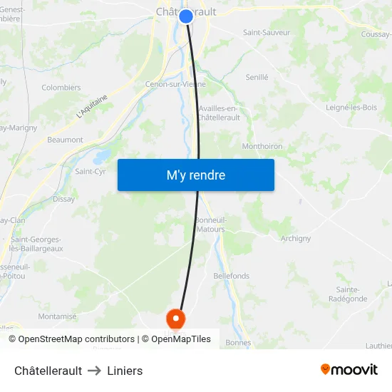 Châtellerault to Liniers map