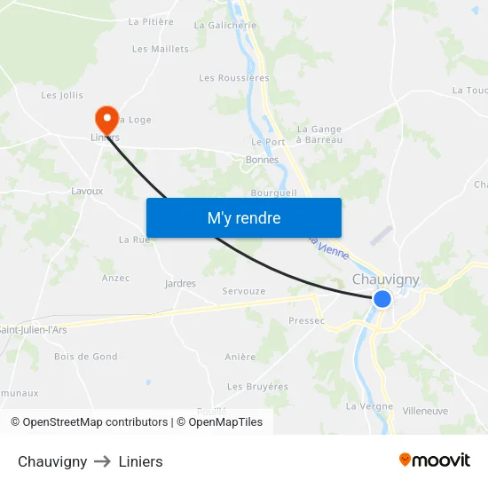 Chauvigny to Liniers map