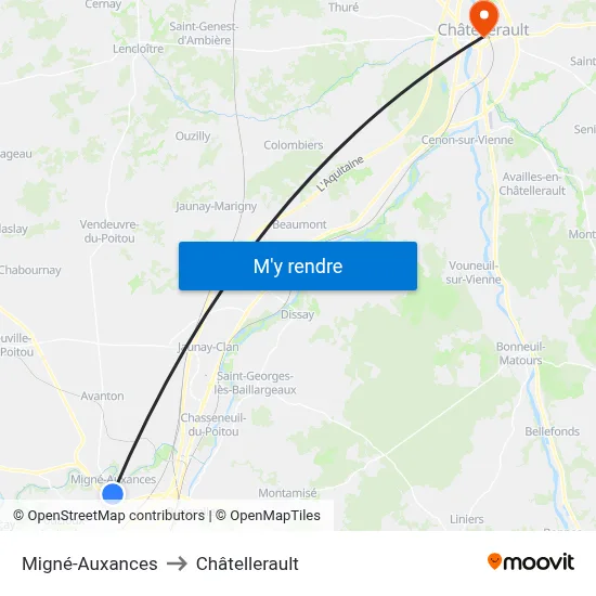 Migné-Auxances to Châtellerault map