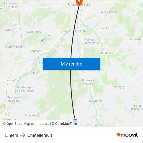 Liniers to Châtellerault map