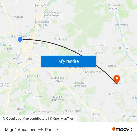 Migné-Auxances to Pouillé map