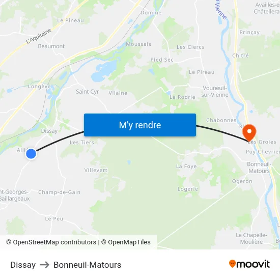 Dissay to Bonneuil-Matours map