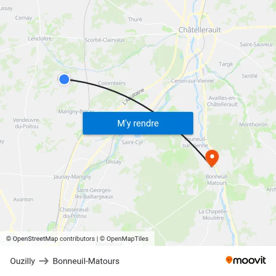 Ouzilly to Bonneuil-Matours map