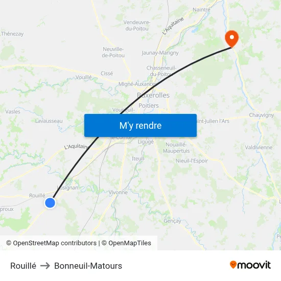 Rouillé to Bonneuil-Matours map