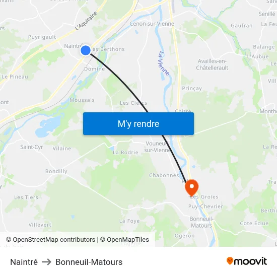 Naintré to Bonneuil-Matours map