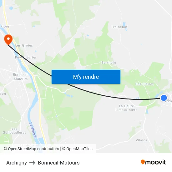 Archigny to Bonneuil-Matours map