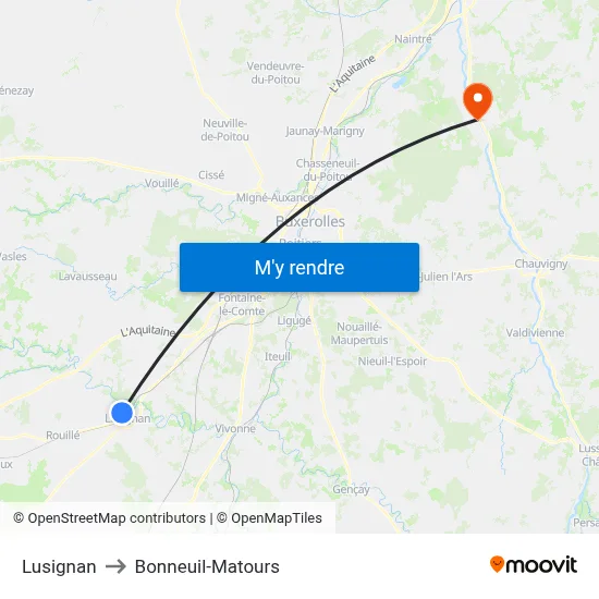 Lusignan to Bonneuil-Matours map