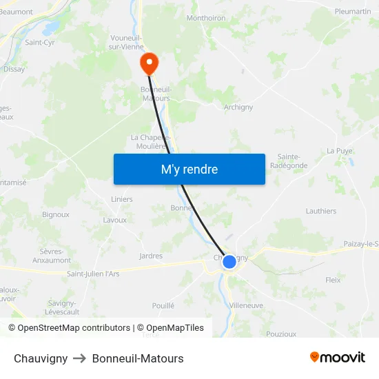 Chauvigny to Bonneuil-Matours map