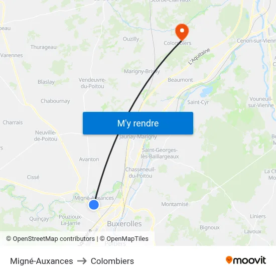 Migné-Auxances to Colombiers map