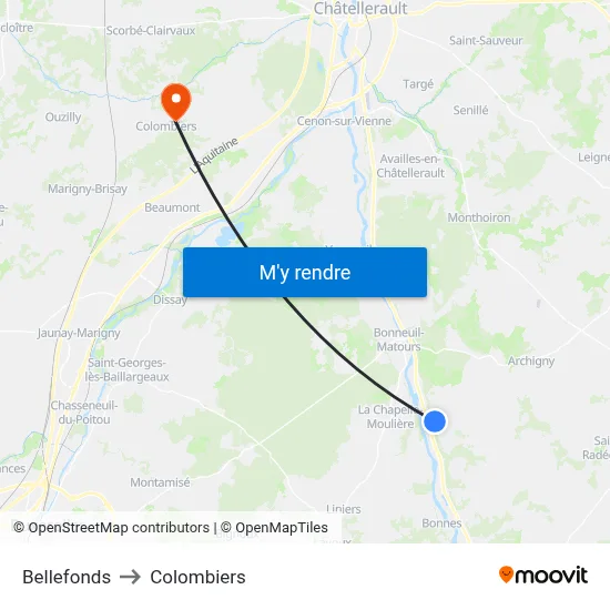 Bellefonds to Colombiers map