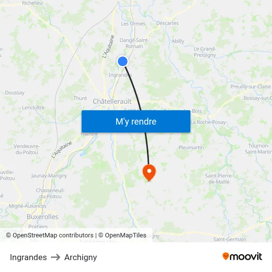 Ingrandes to Archigny map