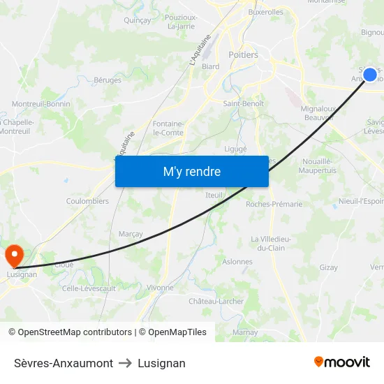 Sèvres-Anxaumont to Lusignan map