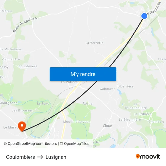 Coulombiers to Lusignan map