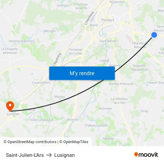 Saint-Julien-L'Ars to Lusignan map