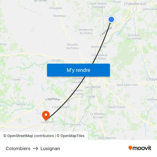 Colombiers to Lusignan map