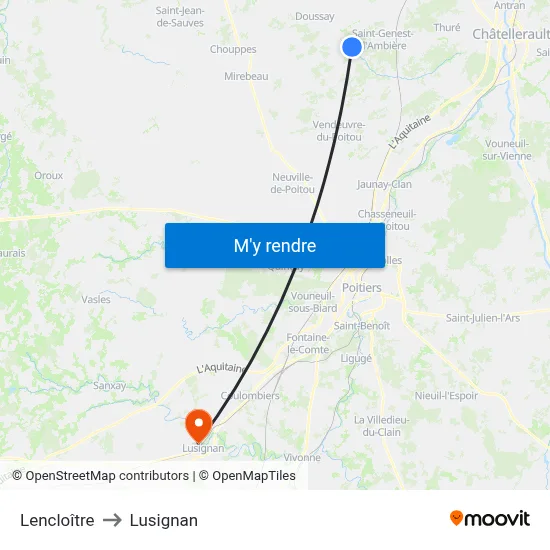 Lencloître to Lusignan map