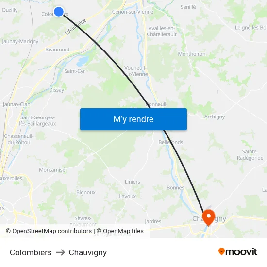 Colombiers to Chauvigny map