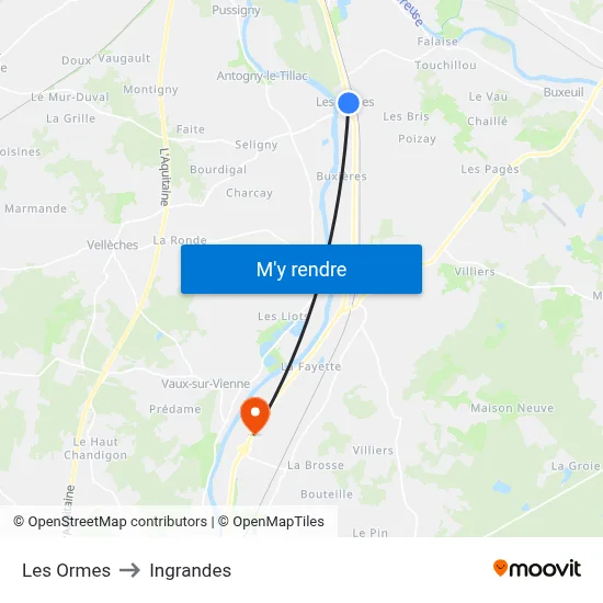 Les Ormes to Ingrandes map