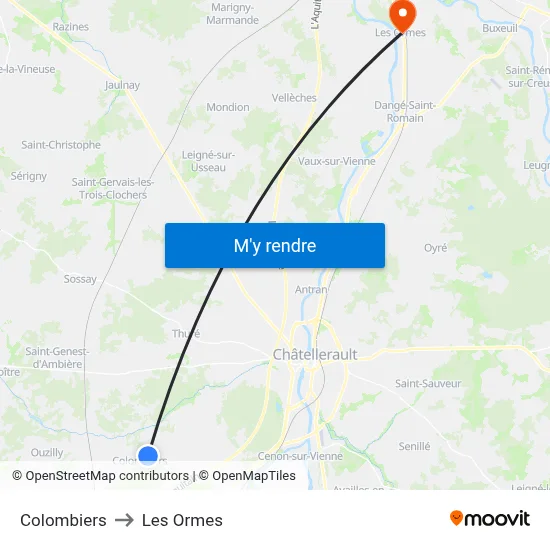 Colombiers to Les Ormes map