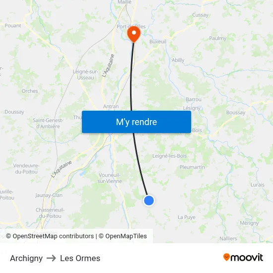 Archigny to Les Ormes map