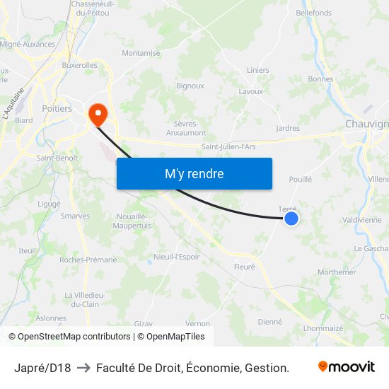 Japré/D18 to Faculté De Droit, Économie, Gestion. map