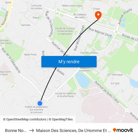 Bonne Nouvelle to Maison Des Sciences, De L'Homme Et De La Société map