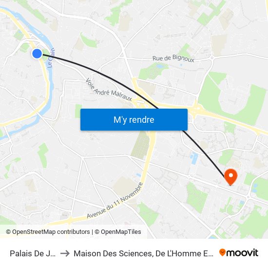 Palais De Justice to Maison Des Sciences, De L'Homme Et De La Société map