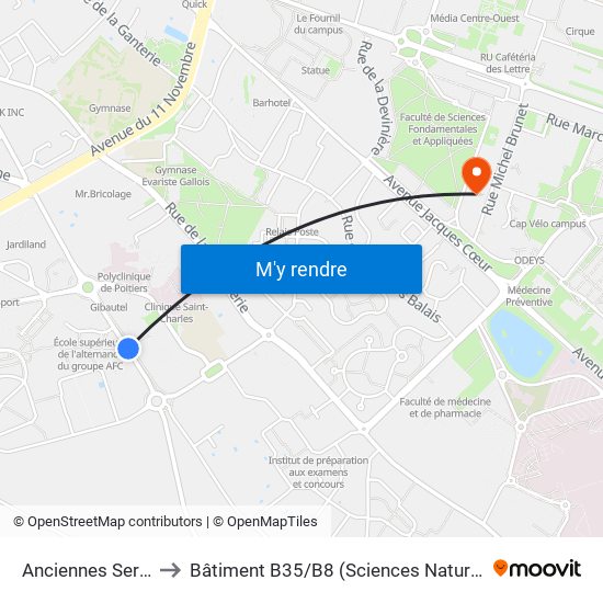 Anciennes Serres to Bâtiment B35 / B8 (Sciences Naturelles) map