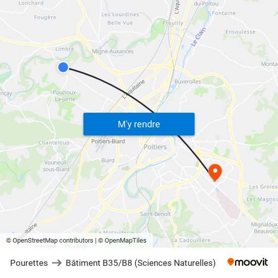 Pourettes to Bâtiment B35 / B8 (Sciences Naturelles) map