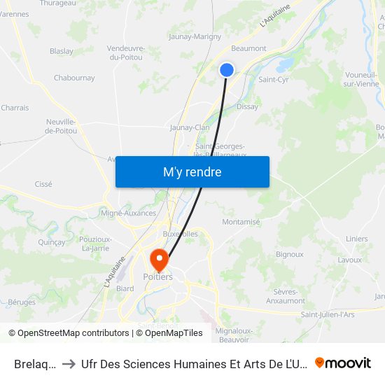 Brelaquerie to Ufr Des Sciences Humaines Et Arts De L'Université De Poitiers map