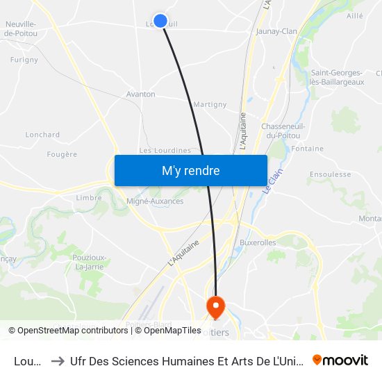 Louneuil to Ufr Des Sciences Humaines Et Arts De L'Université De Poitiers map