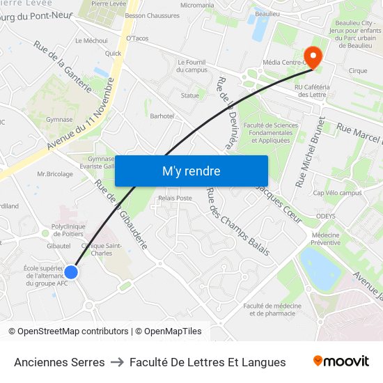 Anciennes Serres to Faculté De Lettres Et Langues map