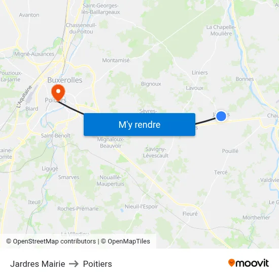 Jardres Mairie to Poitiers map