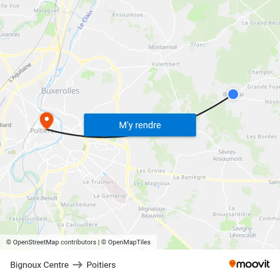 Bignoux Centre to Poitiers map