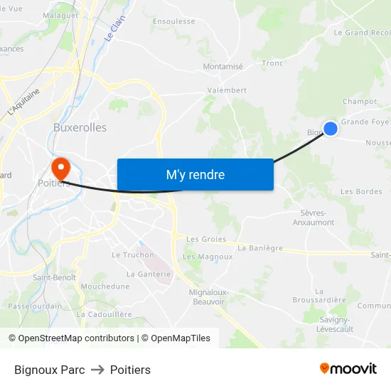 Bignoux Parc to Poitiers map