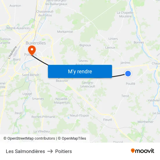 Les Salmondières to Poitiers map