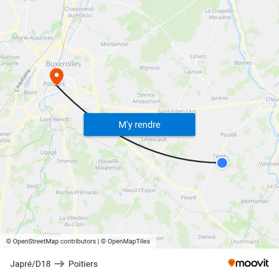Japré/D18 to Poitiers map