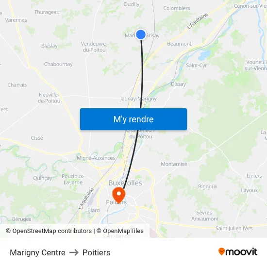 Marigny Centre to Poitiers map